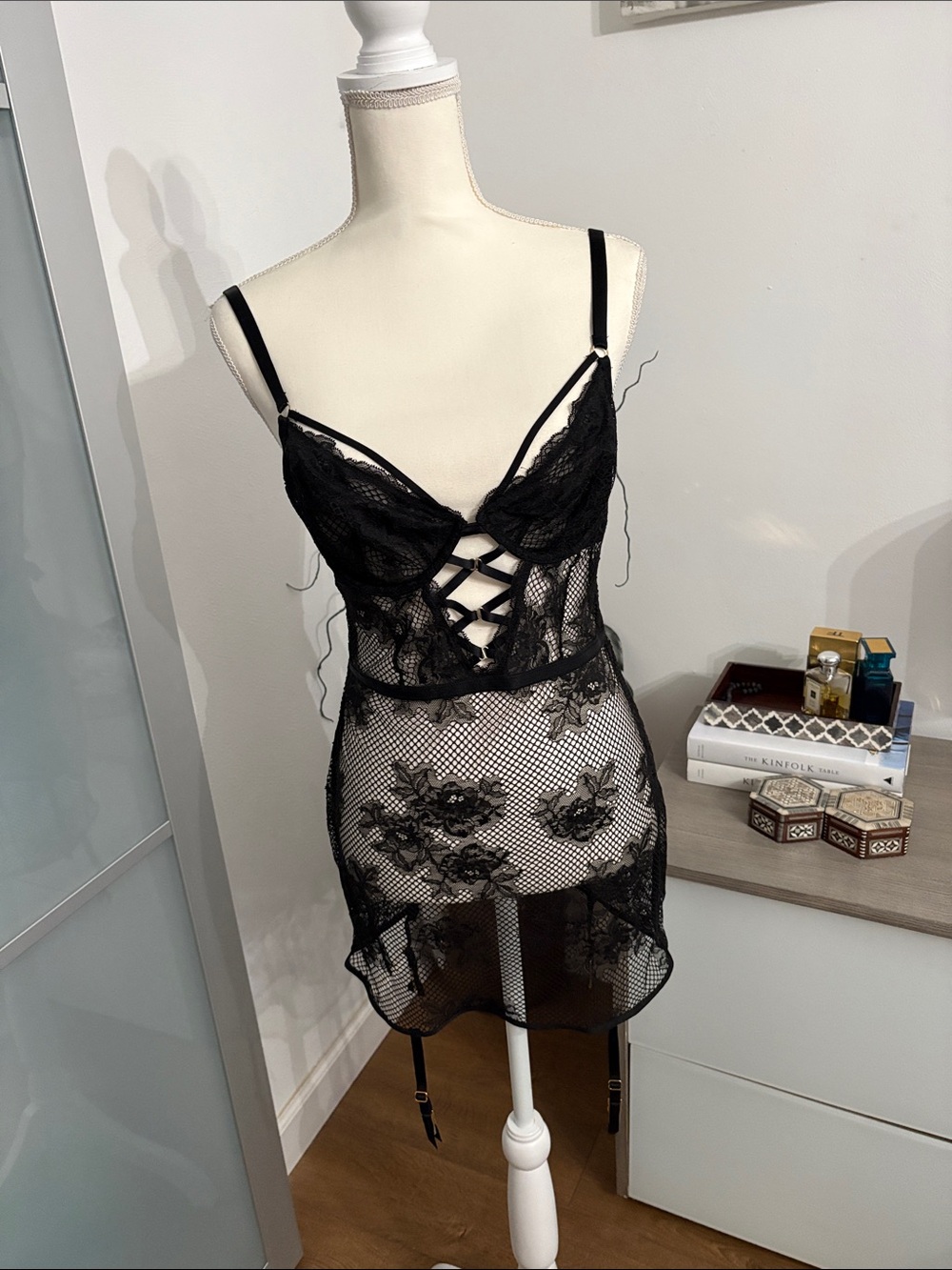 Victoria's Secret Black Lace & Mesh Chemise with Crisscross Front